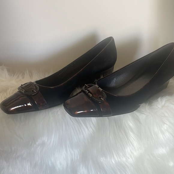 Stuart Weitzman wedge flat brown marble patent and black suede vintage Sz 9M - Picture 15 of 15